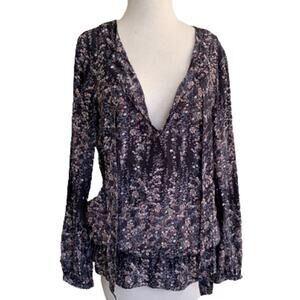 Set Silk Ditsy Floral Print Tie Neck Long Sleeve Blouse Top Black Size 8